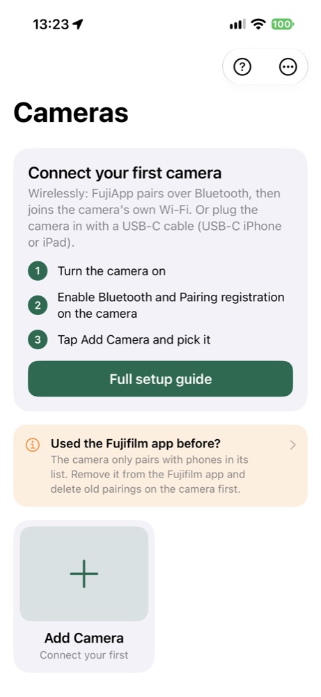 FujiApp camera setup screen